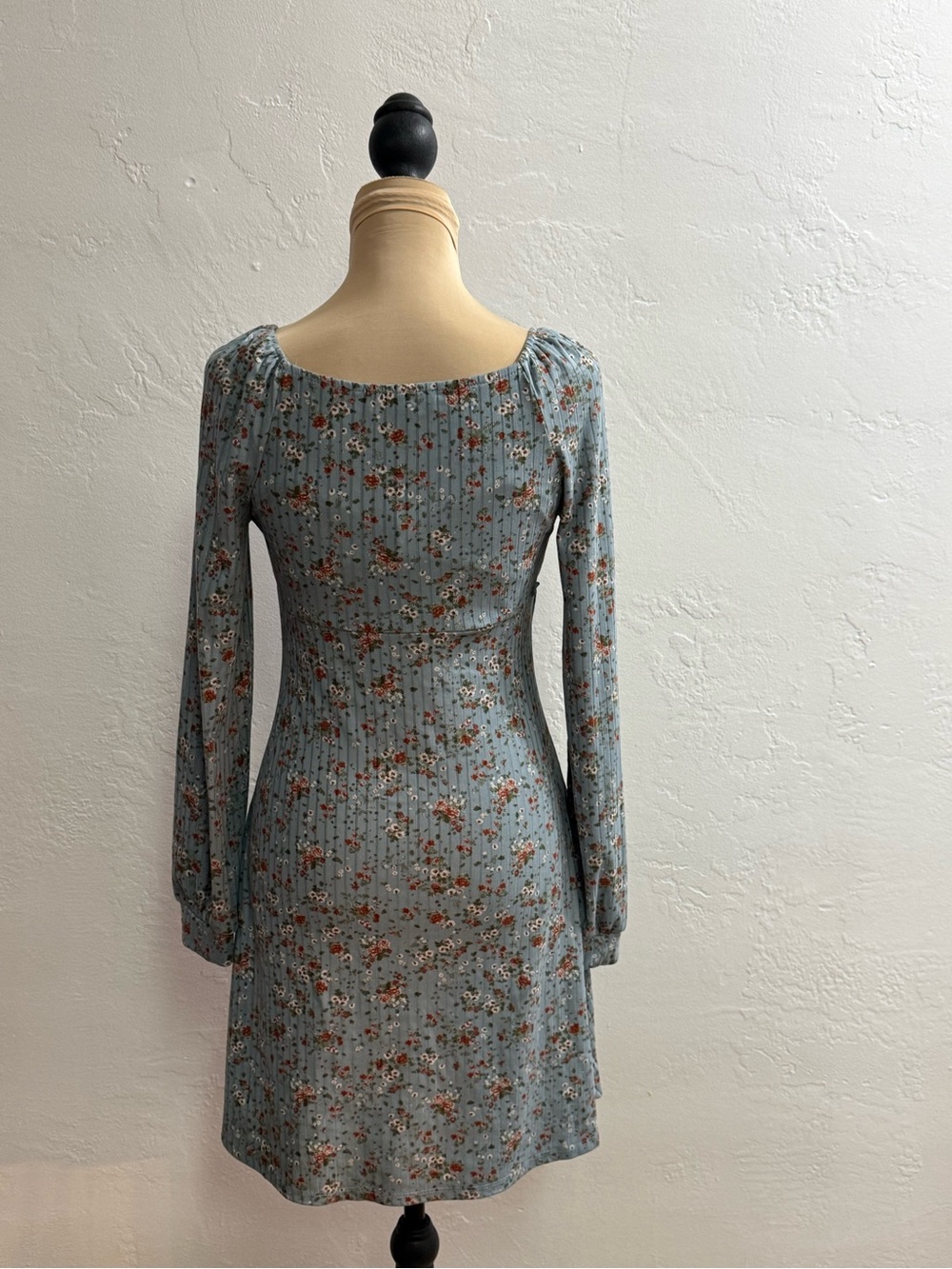 Soft Blue Floral Long-Sleeve Fit-and-Flare Dress - Picture 2 of 3